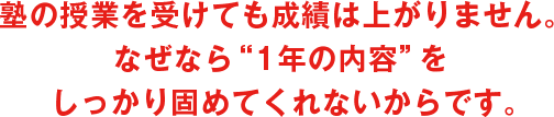 塾の授業を受けても成績は上がりません。なぜなら“1年の内容”をしっかり固めてくれないからです。